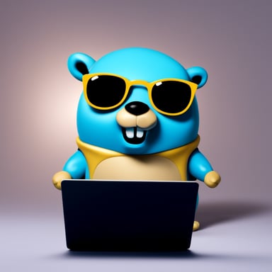 Go Blue Gopher in glasses and with a laptop.