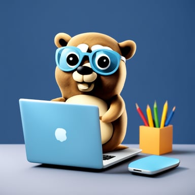 Go Blue Gopher in glasses and with a laptop.