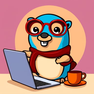 Go Blue Gopher in glasses and with a laptop.