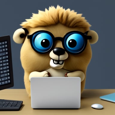 Go Blue Gopher in glasses and with a laptop.