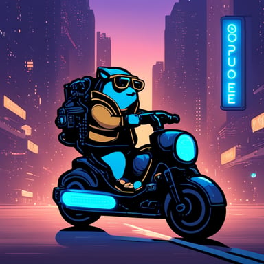 A go blue gopher in a cyberpunk city, riding a neon-lit hoverbike.