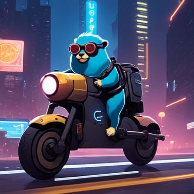 A go blue gopher in a cyberpunk city, riding a neon-lit hoverbike.