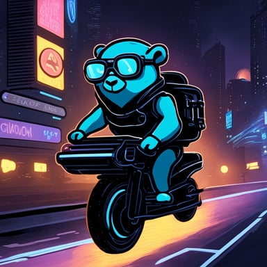 A go blue gopher in a cyberpunk city, riding a neon-lit hoverbike.