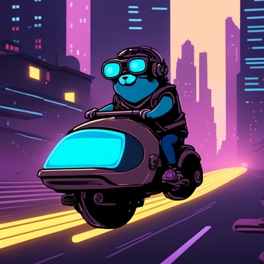 A go blue gopher in a cyberpunk city, riding a neon-lit hoverbike.