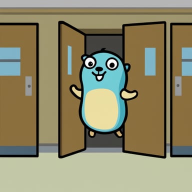 Go Blue Gopher stands before many doors.