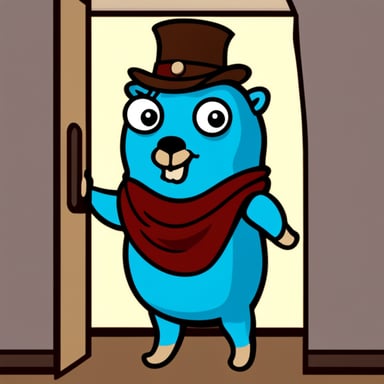 Go Blue Gopher stands before many doors.