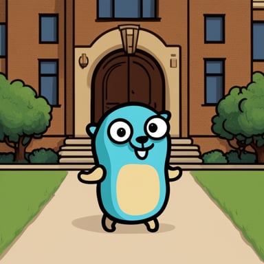 Go Blue Gopher stands before many doors.