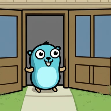Go Blue Gopher stands before many doors.