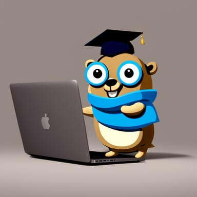 Go Blue Gopher, with a smile, with MacBook.