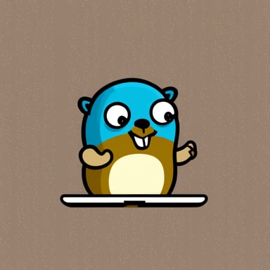 Go Blue Gopher, with a smile, with MacBook.