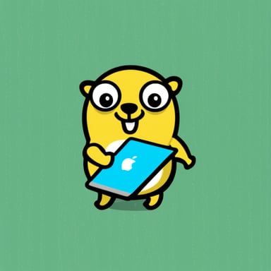 Go Blue Gopher, with a smile, with MacBook.