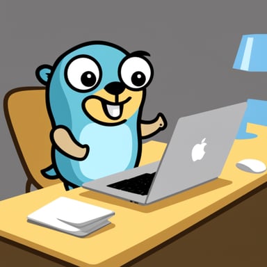Go Blue Gopher, with a smile, with MacBook.