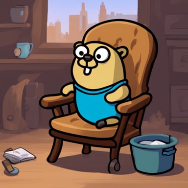 Go Blue Gopher as the grumpy bearded sleepy gopher in the chair.