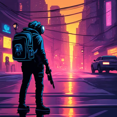 A go blue gopher hacker navigates the neon-lit streets of a cyberpunk city, backpack slung over one shoulder and a notebook tucked under the other arm, ready to dive into the digital underworld.
