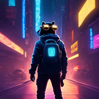 A go blue gopher hacker navigates the neon-lit streets of a cyberpunk city, backpack slung over one shoulder and a notebook tucked under the other arm, ready to dive into the digital underworld.