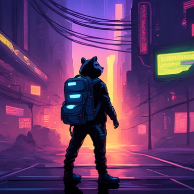 A go blue gopher hacker navigates the neon-lit streets of a cyberpunk city, backpack slung over one shoulder and a notebook tucked under the other arm, ready to dive into the digital underworld.