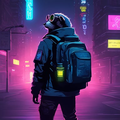 A go blue gopher hacker navigates the neon-lit streets of a cyberpunk city, backpack slung over one shoulder and a notebook tucked under the other arm, ready to dive into the digital underworld.