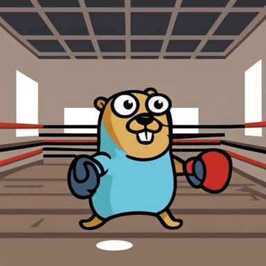 A go blue gopher wearing boxing gloves knocked out rust.