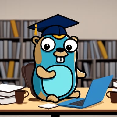 Exhausted Go Blue Gopher with laptop during university lesson.