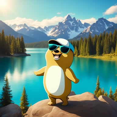 Go Blue Gopher smiles in white sportswear and cap, with a turquoise lake behind and mountains with fir trees on the far bank. The light sky and shining sun frame the scene.