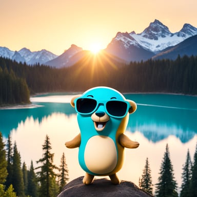 Go Blue Gopher smiles in white sportswear and cap, with a turquoise lake behind and mountains with fir trees on the far bank. The light sky and shining sun frame the scene.