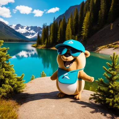 Go Blue Gopher smiles in white sportswear and cap, with a turquoise lake behind and mountains with fir trees on the far bank. The light sky and shining sun frame the scene.