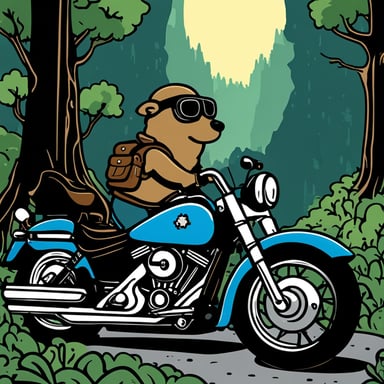 Go blue gopher rides a cruiser bike, a Harley Davidson, through a forest at night and into a cave.