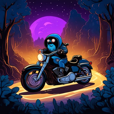 Go blue gopher rides a cruiser bike, a Harley Davidson, through a forest at night and into a cave.