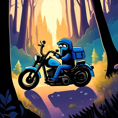 Go blue gopher rides a cruiser bike, a Harley Davidson, through a forest at night and into a cave.