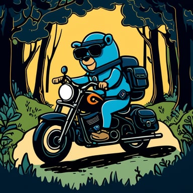 Go blue gopher rides a cruiser bike, a Harley Davidson, through a forest at night and into a cave.