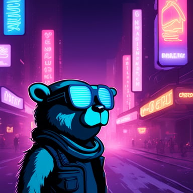 A go blue gopher hacker navigates the neon-lit streets of a cyberpunk city.
