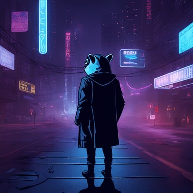 A go blue gopher hacker navigates the neon-lit streets of a cyberpunk city.