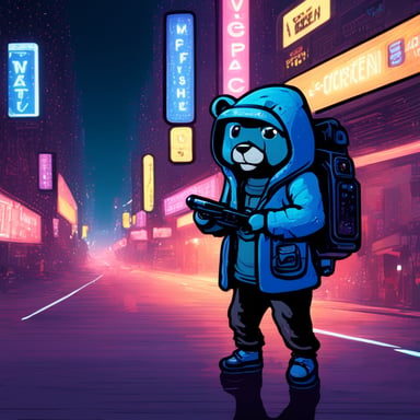 A go blue gopher hacker navigates the neon-lit streets of a cyberpunk city.