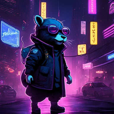 A go blue gopher hacker navigates the neon-lit streets of a cyberpunk city.