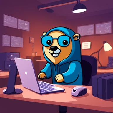 Junior programmer Go Blue Gopher working in a cyber security company.