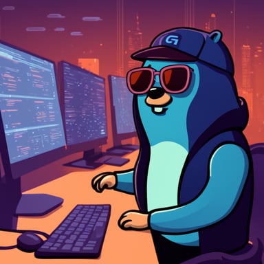 Junior programmer Go Blue Gopher working in a cyber security company.