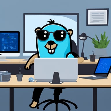 Junior programmer Go Blue Gopher working in a cyber security company.