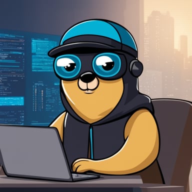 Junior programmer Go Blue Gopher working in a cyber security company.