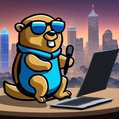 Go Blue Gopher with black glasses sitting with a laptop, viewing skyscrapers with a Mirea University bomber.