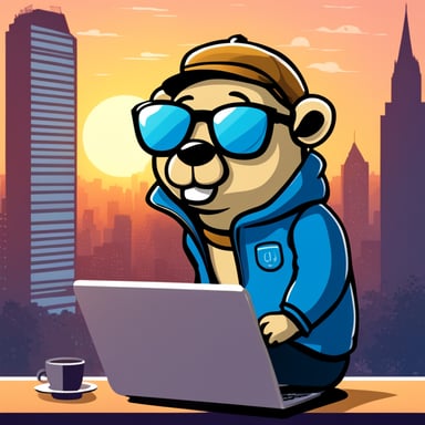 Go Blue Gopher with black glasses sitting with a laptop, viewing skyscrapers with a Mirea University bomber.
