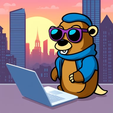 Go Blue Gopher with black glasses sitting with a laptop, viewing skyscrapers with a Mirea University bomber.