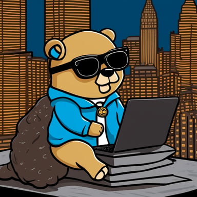 Go Blue Gopher with black glasses sitting with a laptop, viewing skyscrapers with a Mirea University bomber.