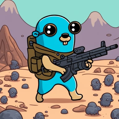 Go Blue Gopher with a rifle fighting with aliens