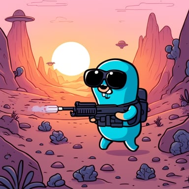 Go Blue Gopher with a rifle fighting with aliens