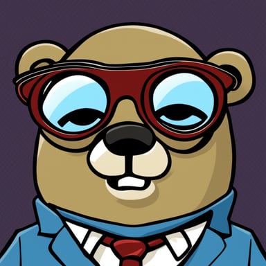 Cartoon with glasses and serious expression, known as Go Blue Gopher.