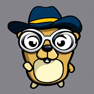 Cartoon with glasses and serious expression, known as Go Blue Gopher.