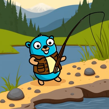 Go Blue Gopher on the bank of river fishing.