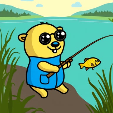 Go Blue Gopher on the bank of river fishing.