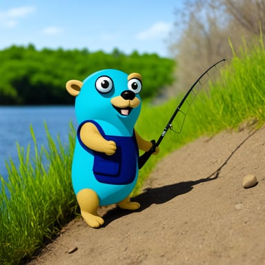 Go Blue Gopher on the bank of river fishing.