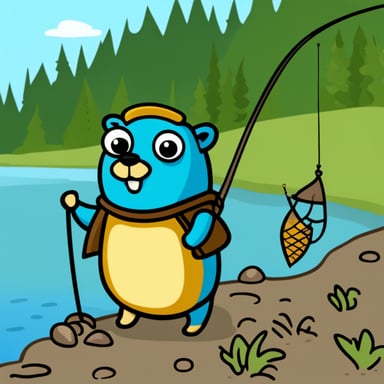 Go Blue Gopher on the bank of river fishing.